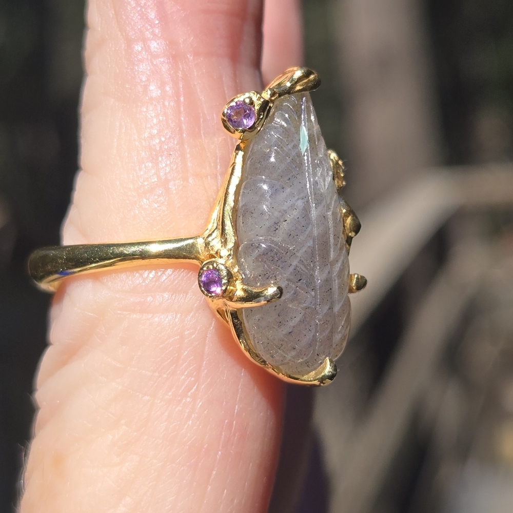 Labradorite Leaf 24k Amethyst Sterling & Gold Ring Sz7 - Picture 8 of 10